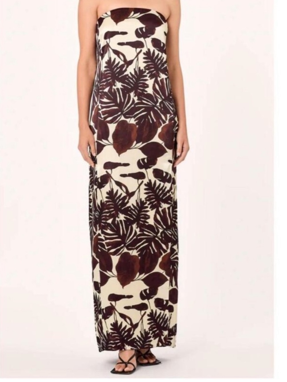 NICHOLAS Cream and Dark Brown Tropical Print Strapless Maxi Dress